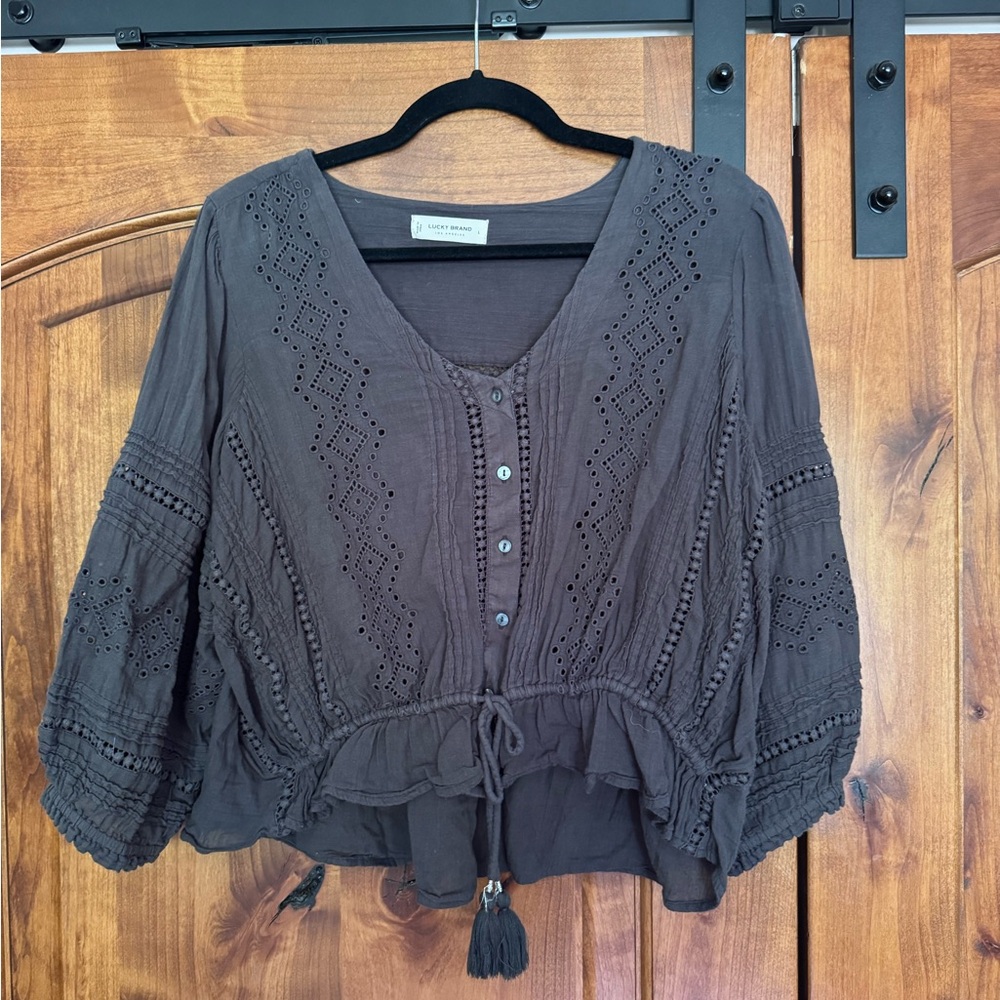 Lucky Brand Charcoal Black Embroidered Eyelet Button Down Blouse
